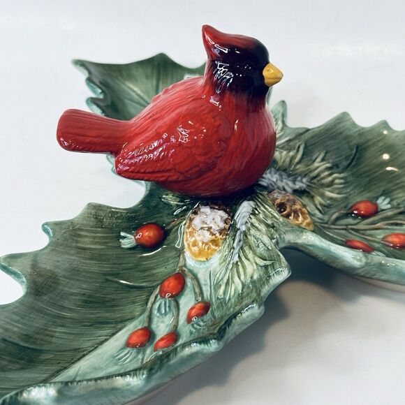Christmas Traditions Cardinal Holly Ceramic Dish Holiday Red/Green 10" VTG - Picture 14 of 16